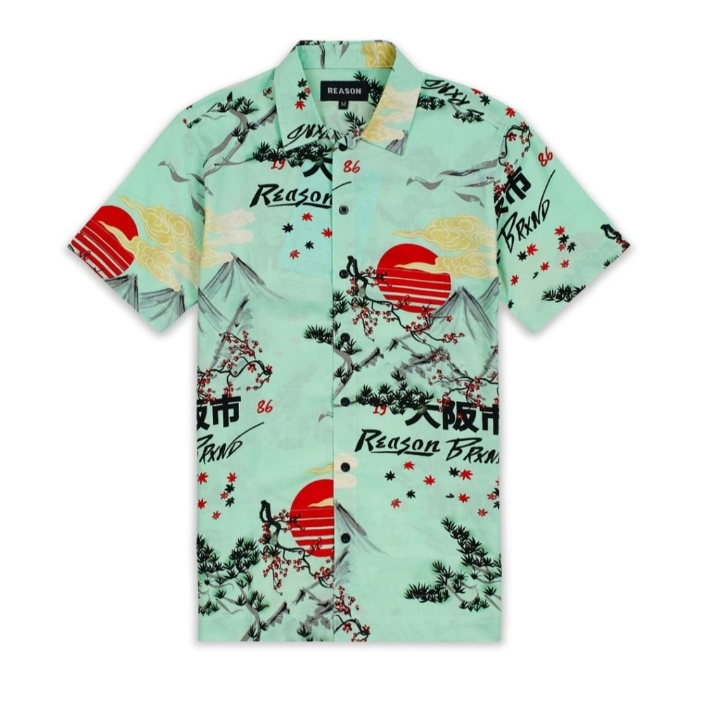 Reason Brand Mountain View Print Button Down Shirt NWT Green Size Small BZ-3201